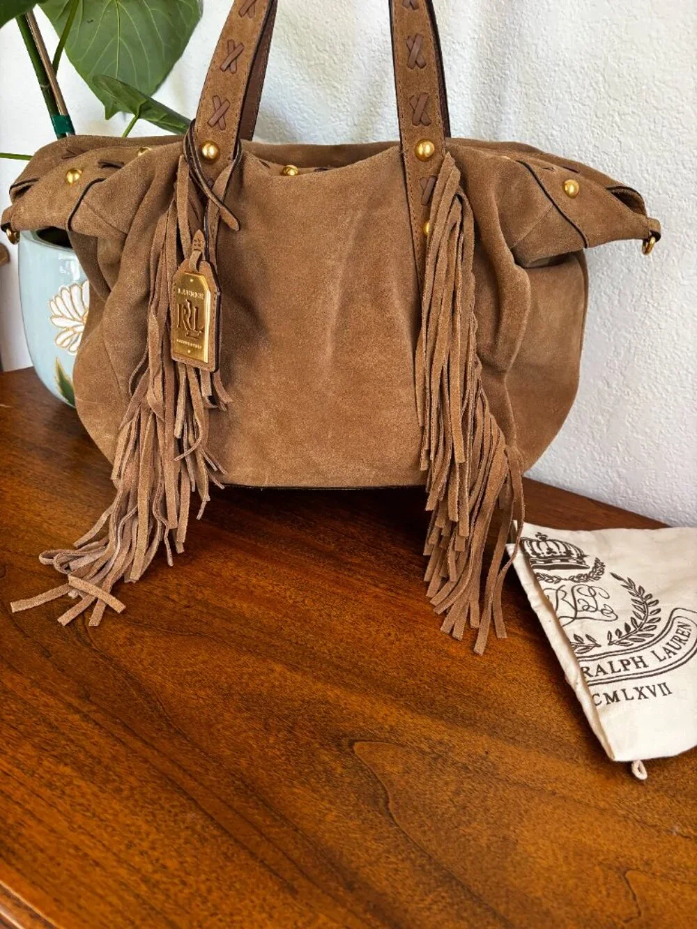 Authentic Lauren Ralph Lauren Brown Suede Fringe Tote Handbag